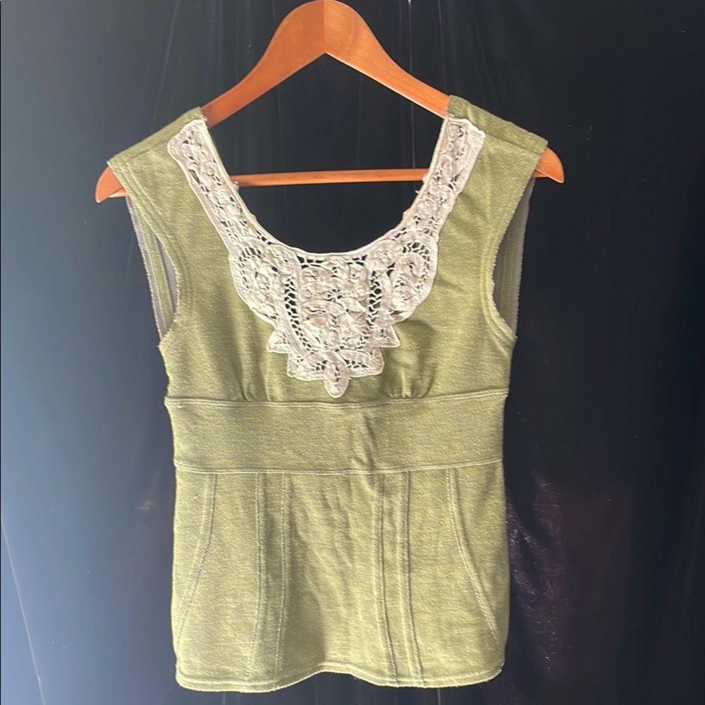Free People Green Fitted Tank Top with Bib Collar
